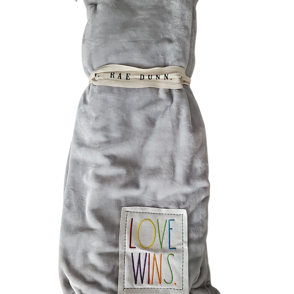 Rae Dunn Soft Gray Blanket with 'Love Wins' Patch (New Without Tags)